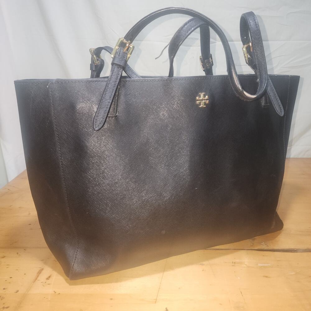 TORY BURCH Saffiano Black Leather Large York Tote Shoulder Laptop Bag FLAW